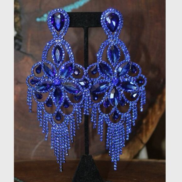 Desert Rose Jewelry - HUGE BLUE Rhinestone Earrings PAGEANT
